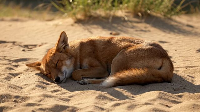 Dhole Sleeping Peacefully on Sandy Beach - A red dhole lies curled up asleep on a sandy beach in bright sunlight. The warm light illuminates its fur, creating a peaceful and serene scene.