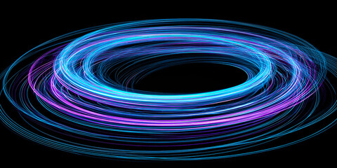 Blue and pink neon rings spinning in circular motion over a black background in futuristic abstract style