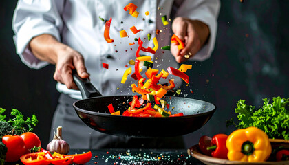 The professional chef prepares a hot meal of vegetables and meat, from frying in a wok over a stove to grill-side fire preparation