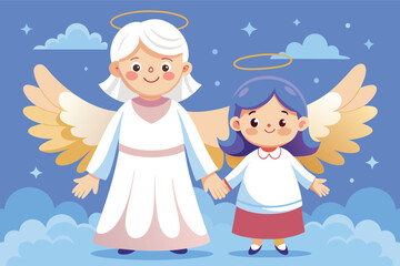 Angelic figures with wings smiling together in a cheerful sky setting