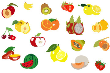 Set of colorful cartoon fruit icons: apple, pear, strawberry, orange, peach, plum, banana, watermelon, pineapple, papaya, grapes, cherry, kiwi, lemon, mango. 
