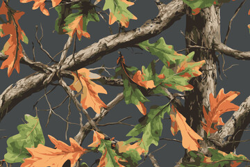 A seamless pattern of oak leaves and branches, with a camouflage design for hunting gear.Abstract Camouflage Art – Perfect for Fabric, Textile, Wrapping, or Wallpaper.