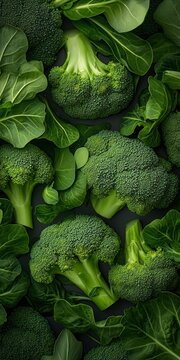 Fresh Green Broccoli and Leaves on Black Background