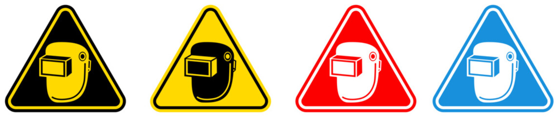 set Attention wear welding helmet Symbols danger and safety signs design template vector illustration	