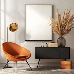 Elegant Scandinavian-inspired room with black mock-up frame, cozy sofa, and natural color palette, modern living room interior