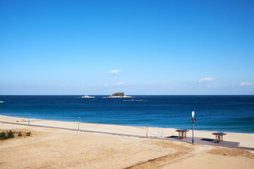 Fototapeta premium Blue Sea Sky And Beach Coastal Seascape View