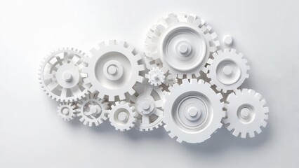 Pristine White Interlocking Gears Forming a Complex Mechanical System