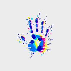 Obraz premium Colorful handprint with paint splatters on a white background.