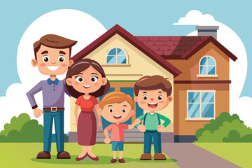 Family enjoying time together outside their home in a cheerful, cartoon-style setting
