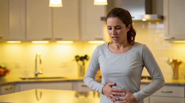 Woman experiencing painful abdominal discomfort in kitchen due to stomach ache or period pain, health concept footage.