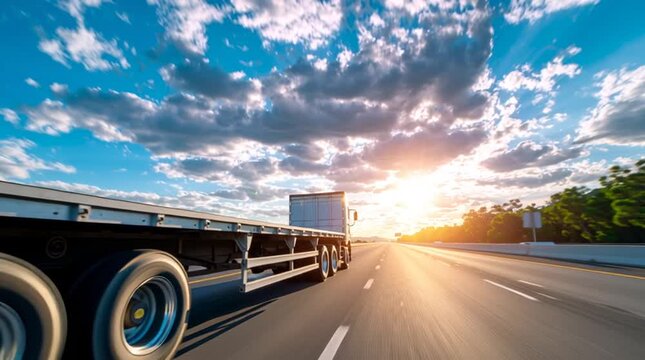 Empty Flatbed Semi trailer Truck Driving on Highway, Sunset Sky, Sun Rays, Efficient Long haul Freight Transport, Modern Logistics, Road Journey