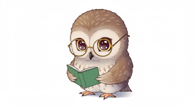 Suesse Eule liest aufmerksam Buch weiches Licht. AI Generated