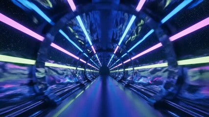 Futuristic Neon Tunnel - A vibrant, dynamic neon tunnel with colorful lights illuminates a starry sky backdrop. This video is perfect for futuristic, sci-fi, or technology-related projects. - Powered by Adobe