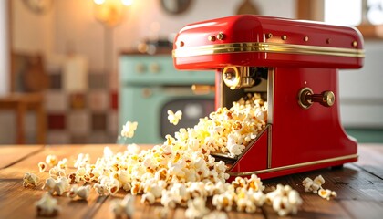 Retro popcorn maker dispensing popcorn onto a wooden table
