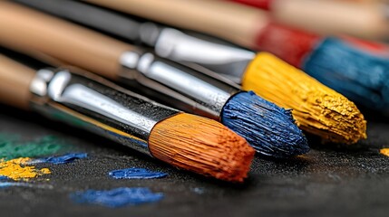 Close up of Paintbrushes with Orange, Yellow, and Blue Paint on Dark Surface