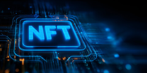Glowing NFT icon on a rounded microchip in a dark tech scene