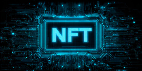Futuristic neon NFT symbol on digital circuitry