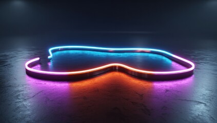 A vibrant neon light design, shaped like a shallow arch, illuminates a dark stone surface with cool blue and warm pink hues.