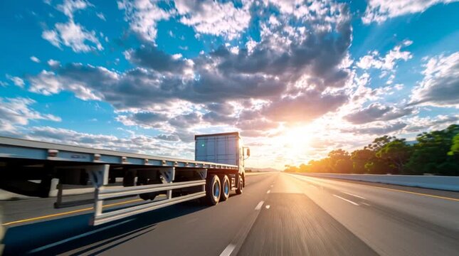 Flatbed Semi truck Traveling Fast on a Multi lane Highway at Golden Hour, Portraying Efficient Commercial Logistics, Vital Transportation, and a Dynamic Long Haul Journey