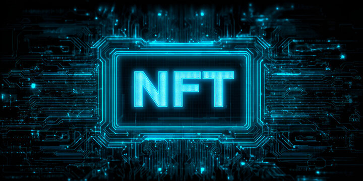 Futuristic neon NFT symbol on digital circuitry