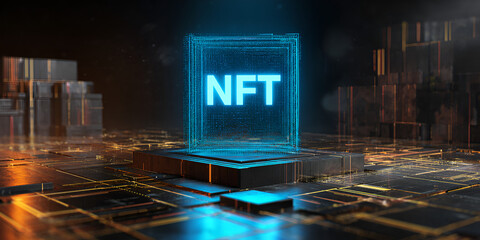 Obraz premium NFT glowing in a transparent cube over circuitry with warm orange-blue tones