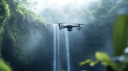 Fototapeta premium Drone hovering near waterfall with mist and greenery around on a sunny day
