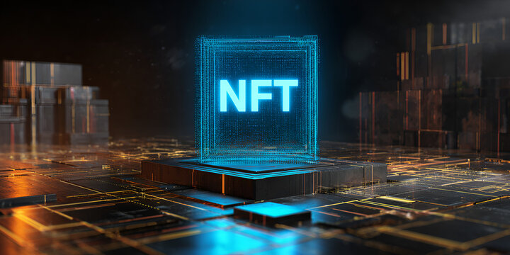 NFT glowing in a transparent cube over circuitry with warm orange-blue tones