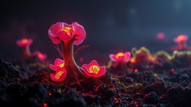 A glowing malignant growth being starved of its vibrant nutrient streams on a dark field.