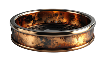 Circular copper-toned metal ring, intricate design