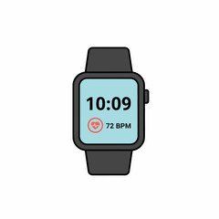 A modern smartwatch displaying the time and a heart rate of 72 BPM, representing fitness and wearable technology.