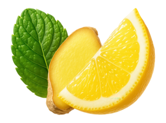 Mint leaf, ginger, and lemon arranged together.