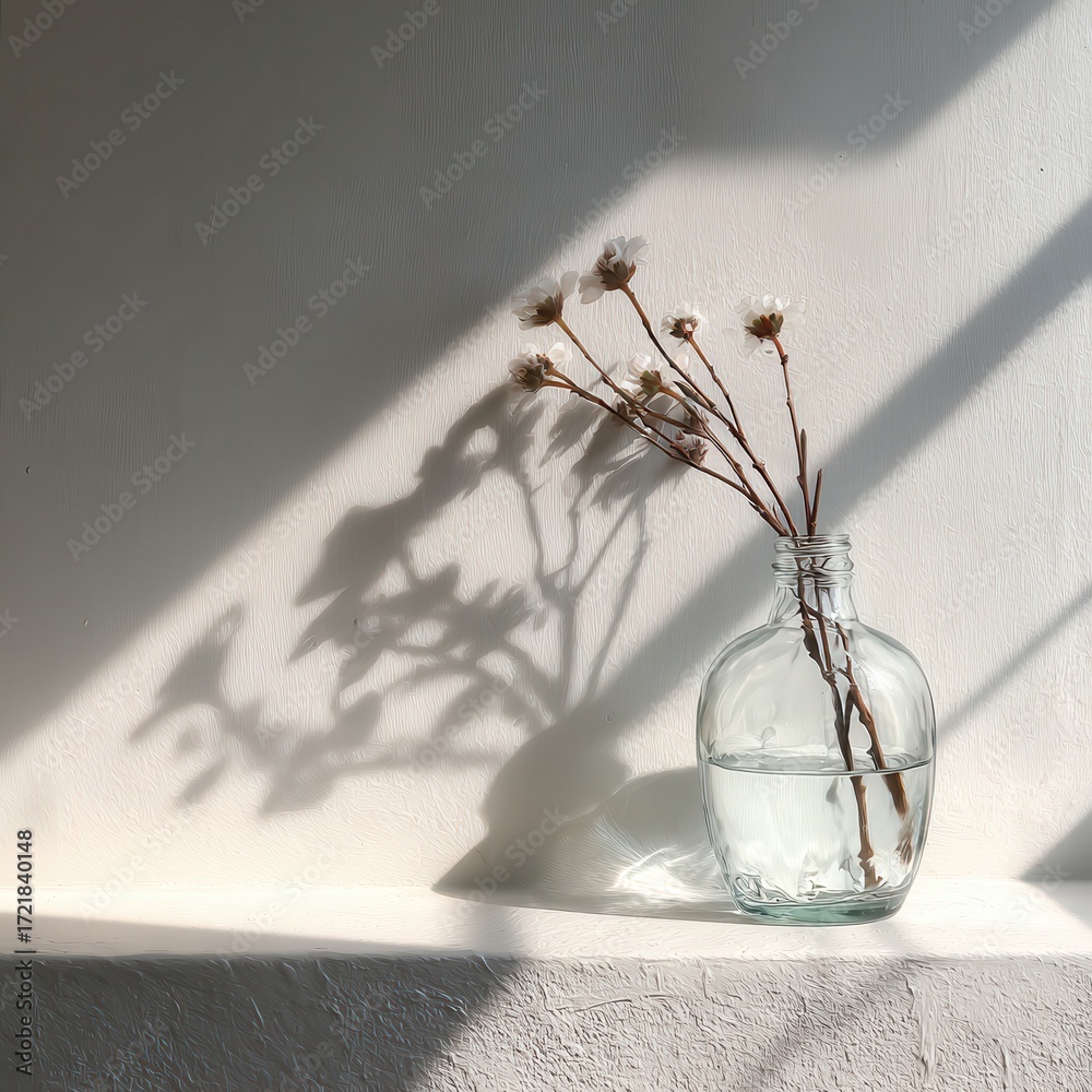 Wall mural simple glass vase with dried branch creating soft shadows