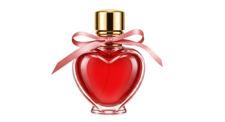 A heartshaped red perfume bottle with a pink ribbon and gold cap, isolated on transparent background