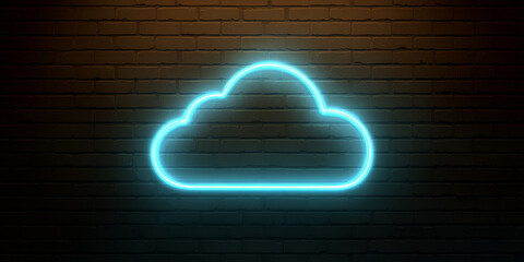 Neon blue cloud sign with glowing light on wall
