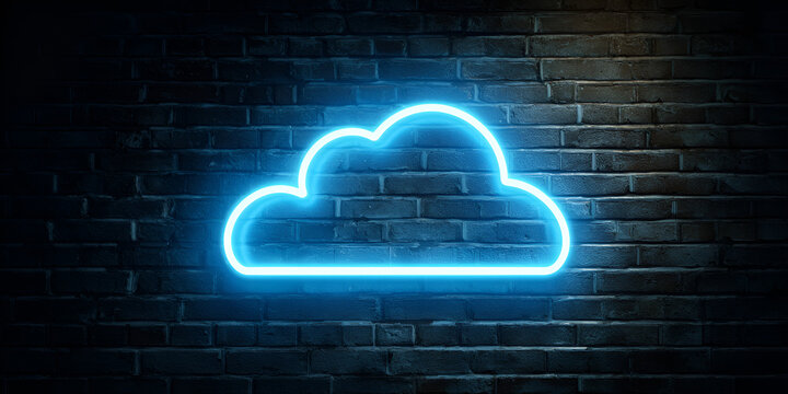 Neon light cloud sign glowing on dark brick wall