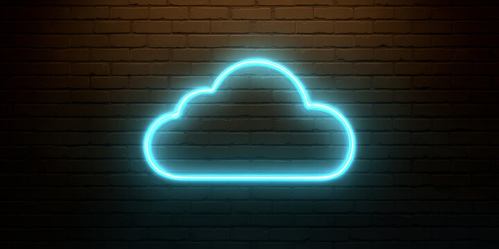 Neon blue cloud sign with glowing light on wall