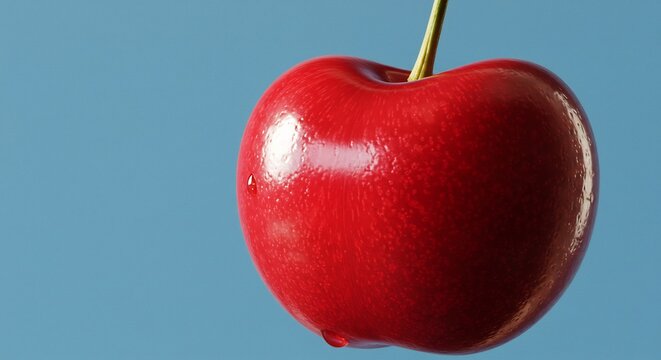 Gl�nzende rote Kirsche leuchtet vor blauem Hintergrund sanft. AI Generated