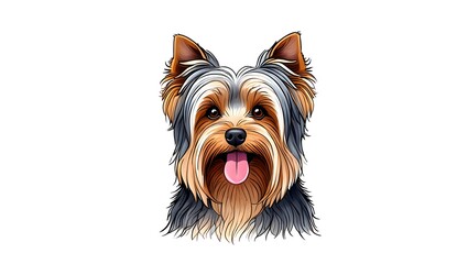 A portrait illustration of a Yorkshire Terrier sticking out and panting, isolated on white background,