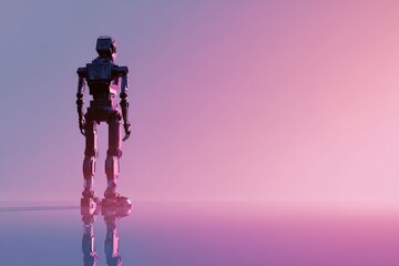 Solitary Android Gazing into a Luminous Pink and Purple Cyberpunk Horizon.