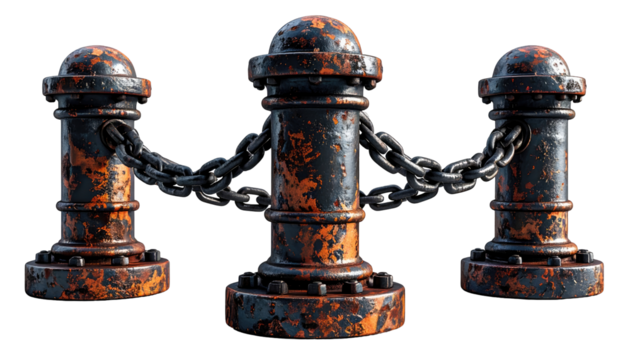 Three rusty metal posts with chains - Powered by Adobe
