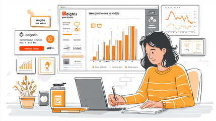 an advertising professional creating an ad with a digital marketing dashboard, showing graphs and data