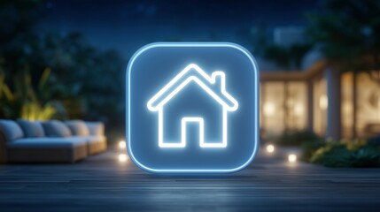 Neon blue smart home icon in cozy evening patio image with digital overlay. Advanced automation. House technology photography conceptual. Iot innovation concept photo realistic