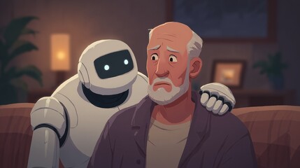 Humanoid robot comforting elderly man at home illustration. Compassion, support, futuristic caregiving. Robotic helper. Everyday life flat cartoon image scene 2D art. Visual storytelling