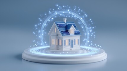Modern solar house enclosed in energy particles image with digital overlay. Glowing protective ring around home photography conceptual. Light effect real estate concept photo realistic
