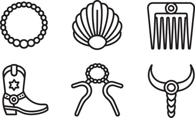 Elegant Pearl Necklace, Shell, Comb, Boot, Beaded Torque and Horn Line Icons on Transparent Background