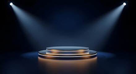 Spotlight on stage with podium and stack of coins representing finance and wealth