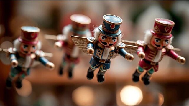 Four nutcracker soldier ornaments with golden wings seem to float in a blurry warmly lit space