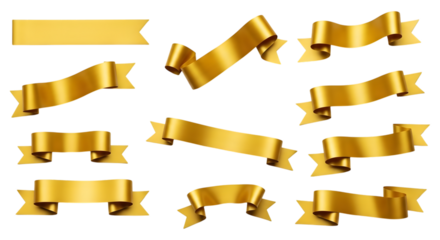 Collection of golden ribbons and banners in various shapes and orientations, isolated on transparent background