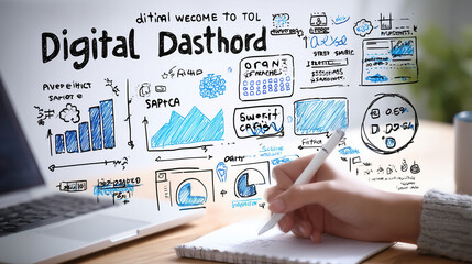 an advertising professional creating an ad with a digital marketing dashboard, showing graphs and data