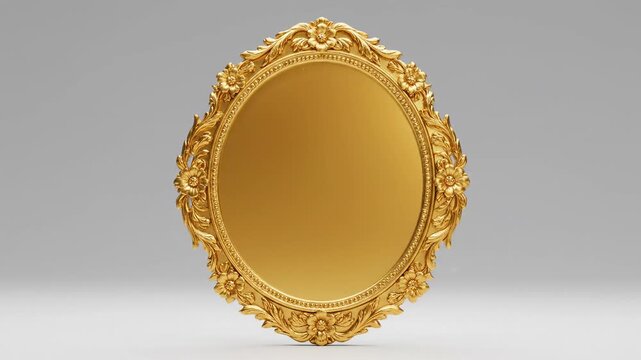 Elegant Golden Oval Frame with Floral Decoration - An ornate oval golden frame with detailed floral decorations stands against a neutral gray background.